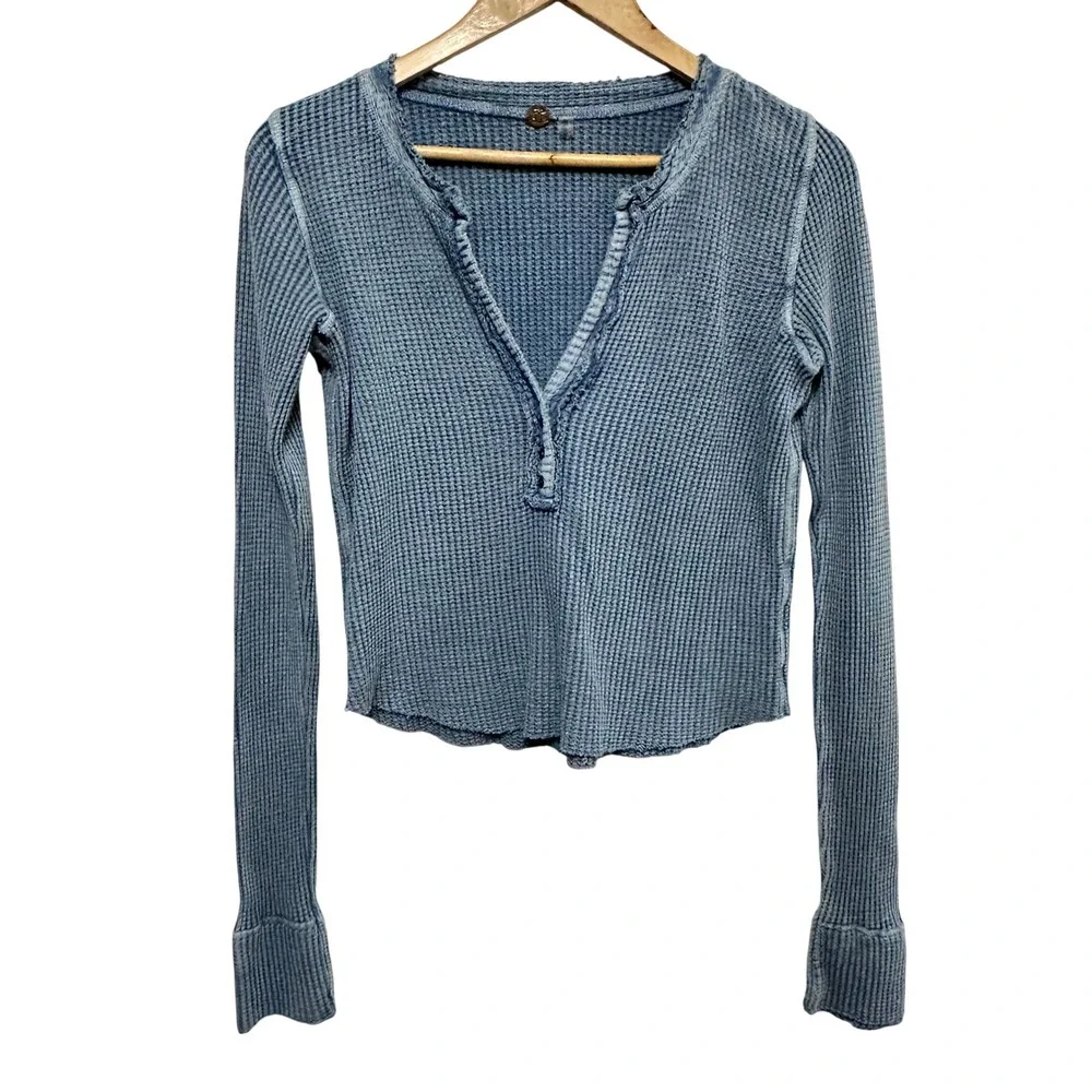 Free People FP One Henley Top Women Large Crop Waffle Knit Long Sleeve Thermal
